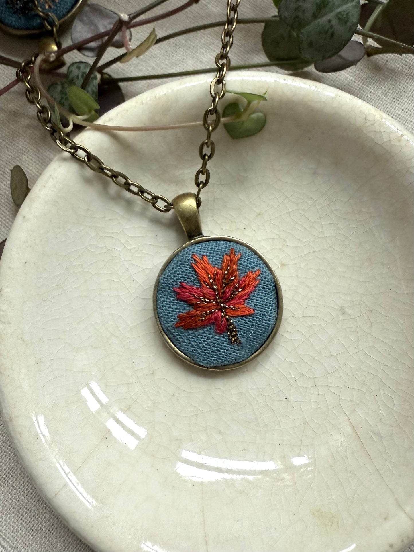 Leaf Embroidered Necklace | 18” necklace | Brass Necklace