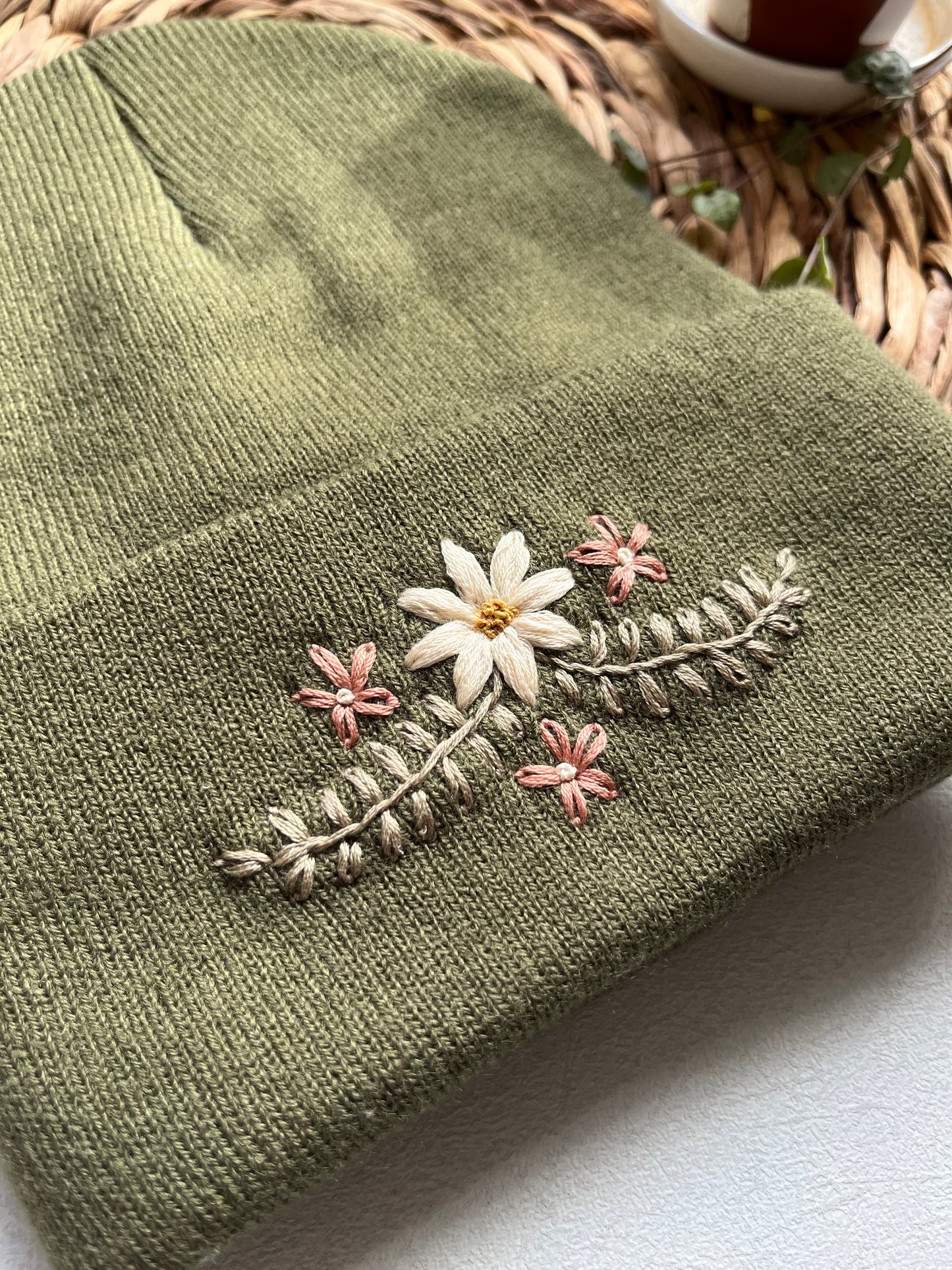Embroidered Beanie | Olive Winter Hat | Floral Beanie