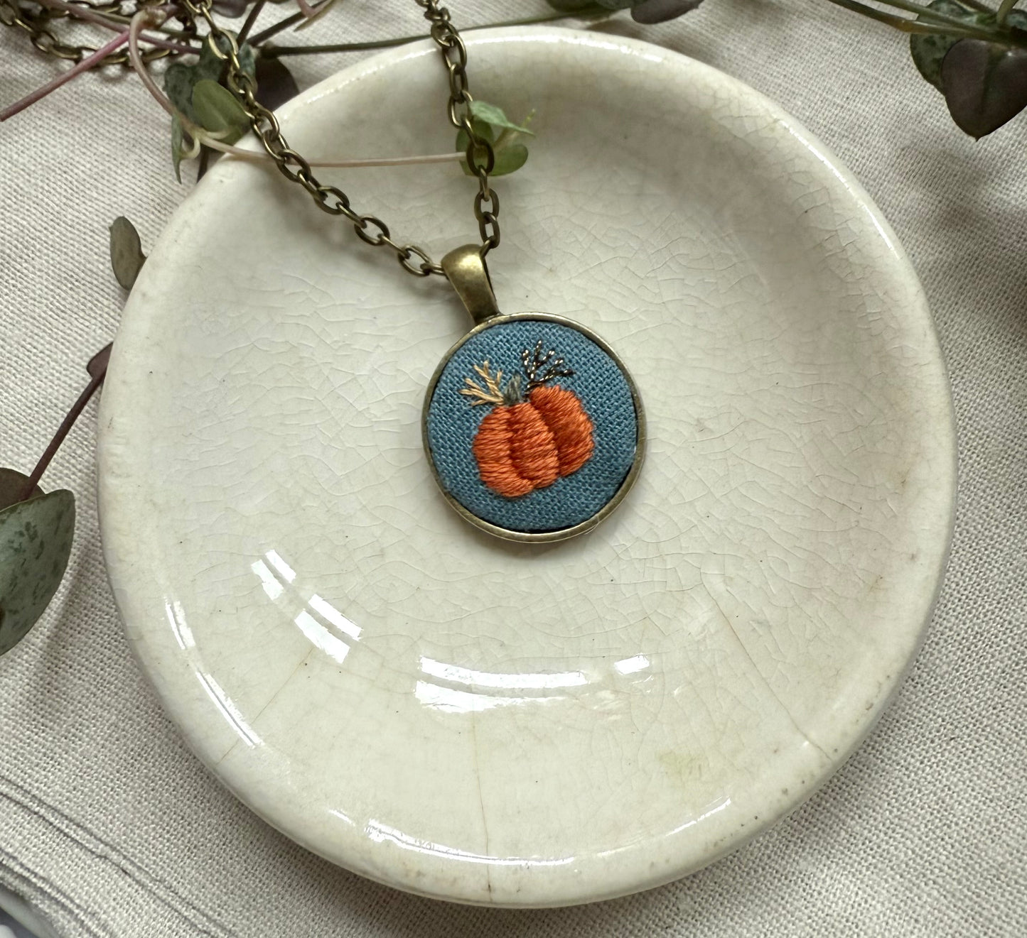 Pumpkin Embroidered Necklace | 18” necklace | Brass Necklace