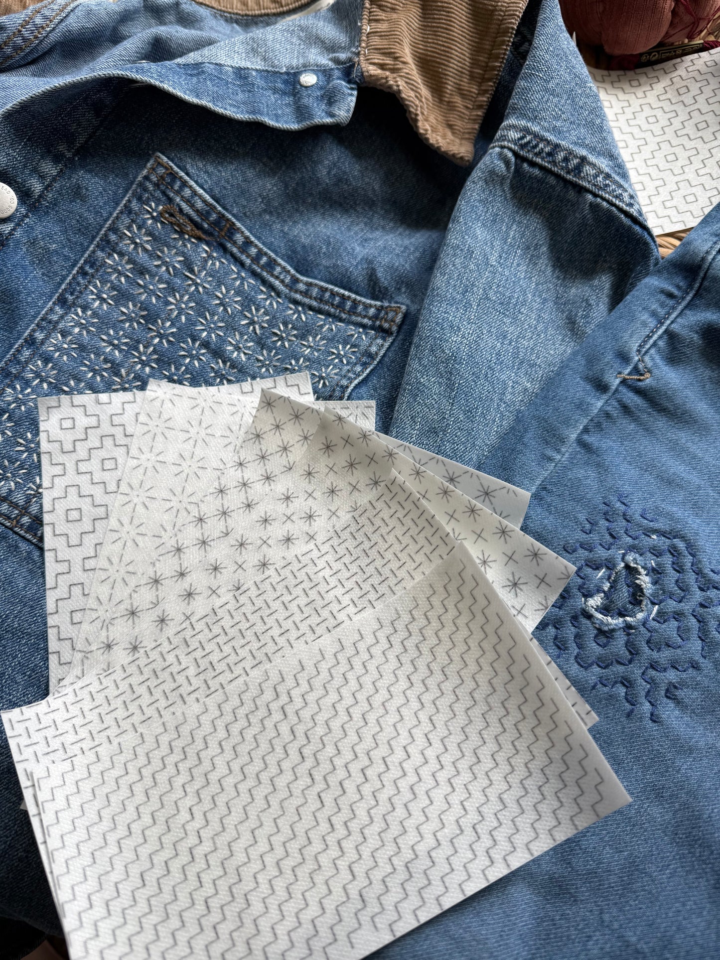 Stitch and Stick Pack | Sashiko Style | Visible Mending Embroidery Patterns | Peel and Stick Pattern
