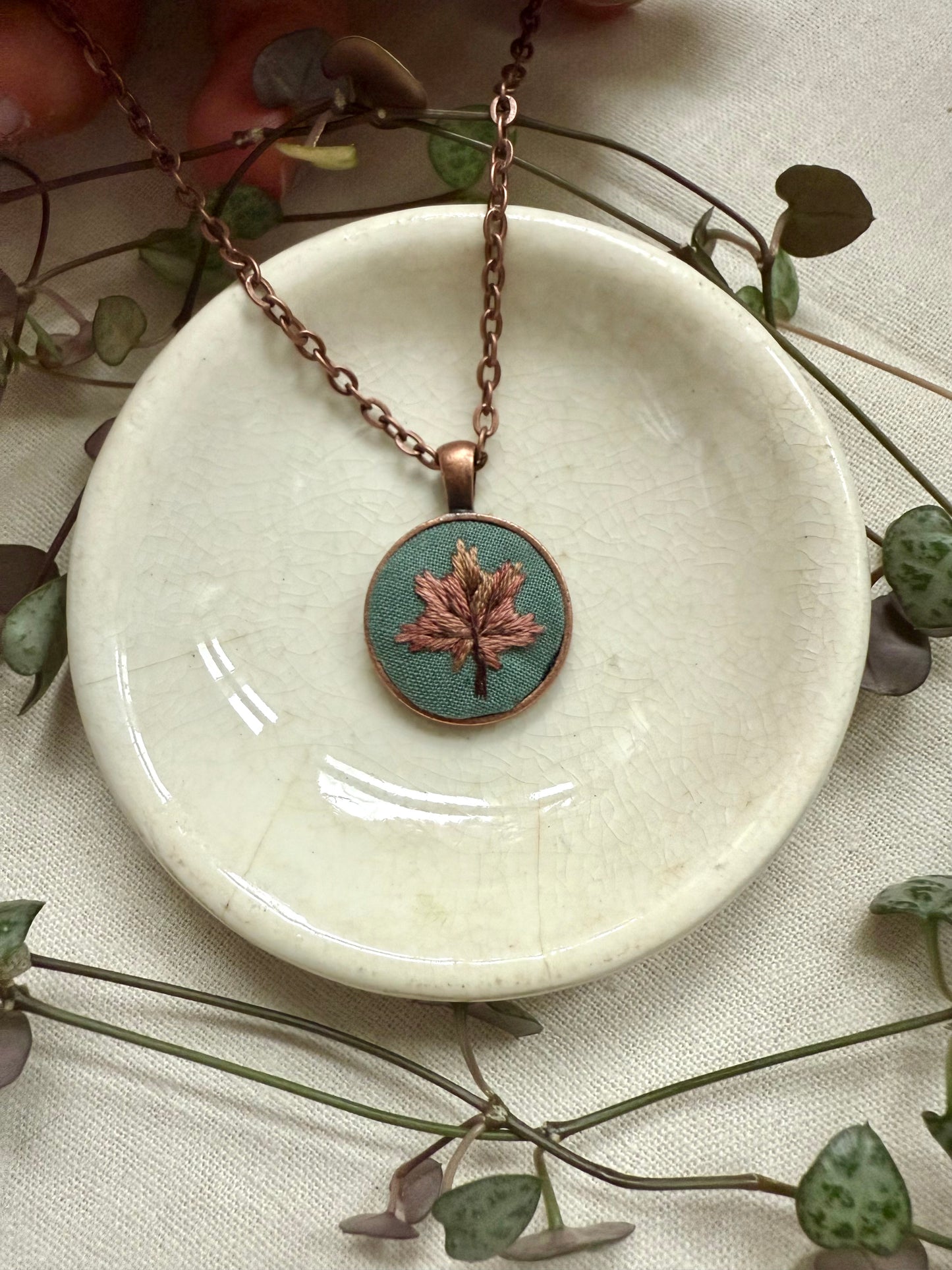 Leaf Embroidered Necklace | 18” necklace | Copper Necklace