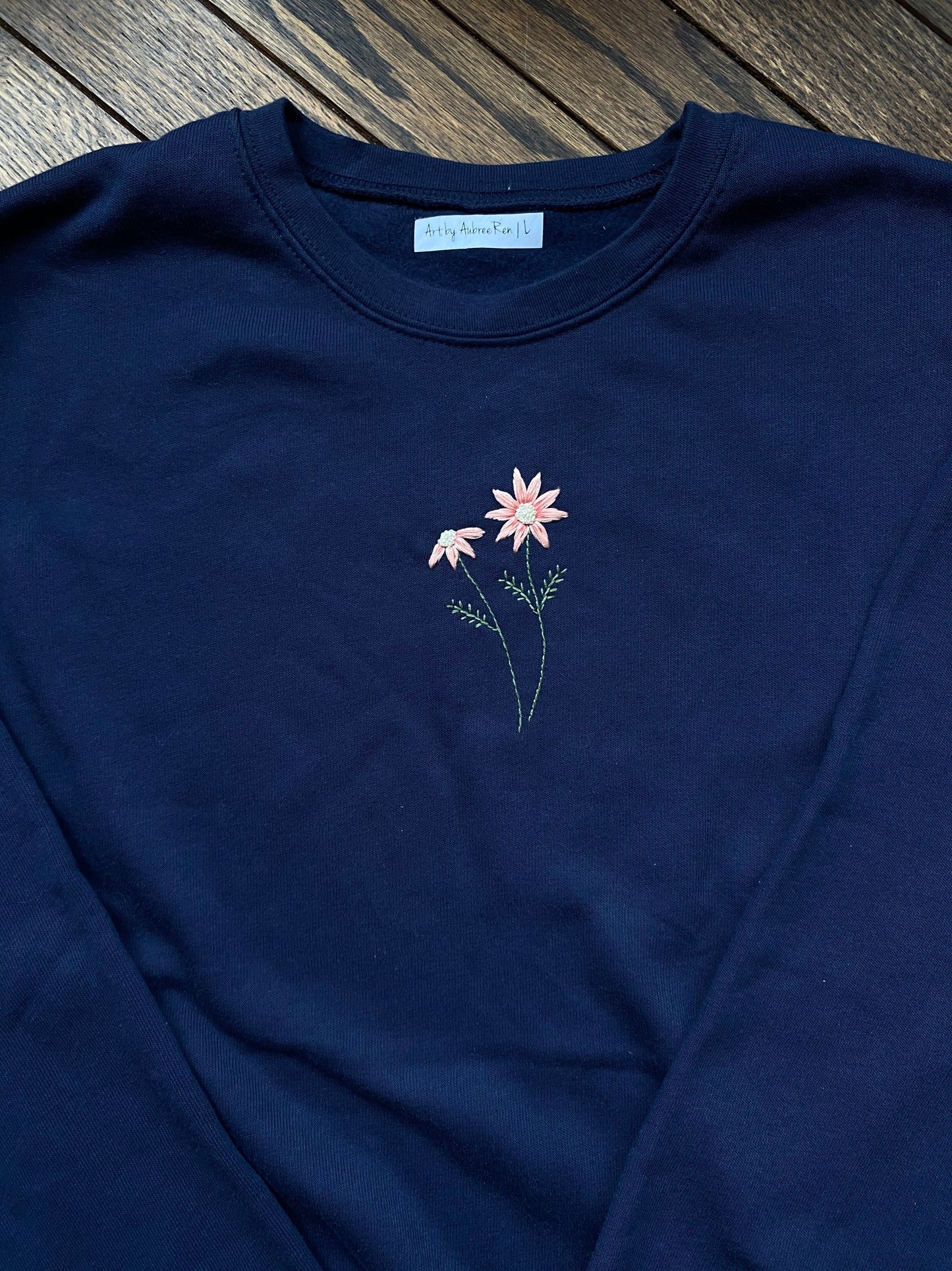 Floral Embroidered Sweatshirt | Hand Embroidered Sweatshirt | Pink Daisies | L | Navy