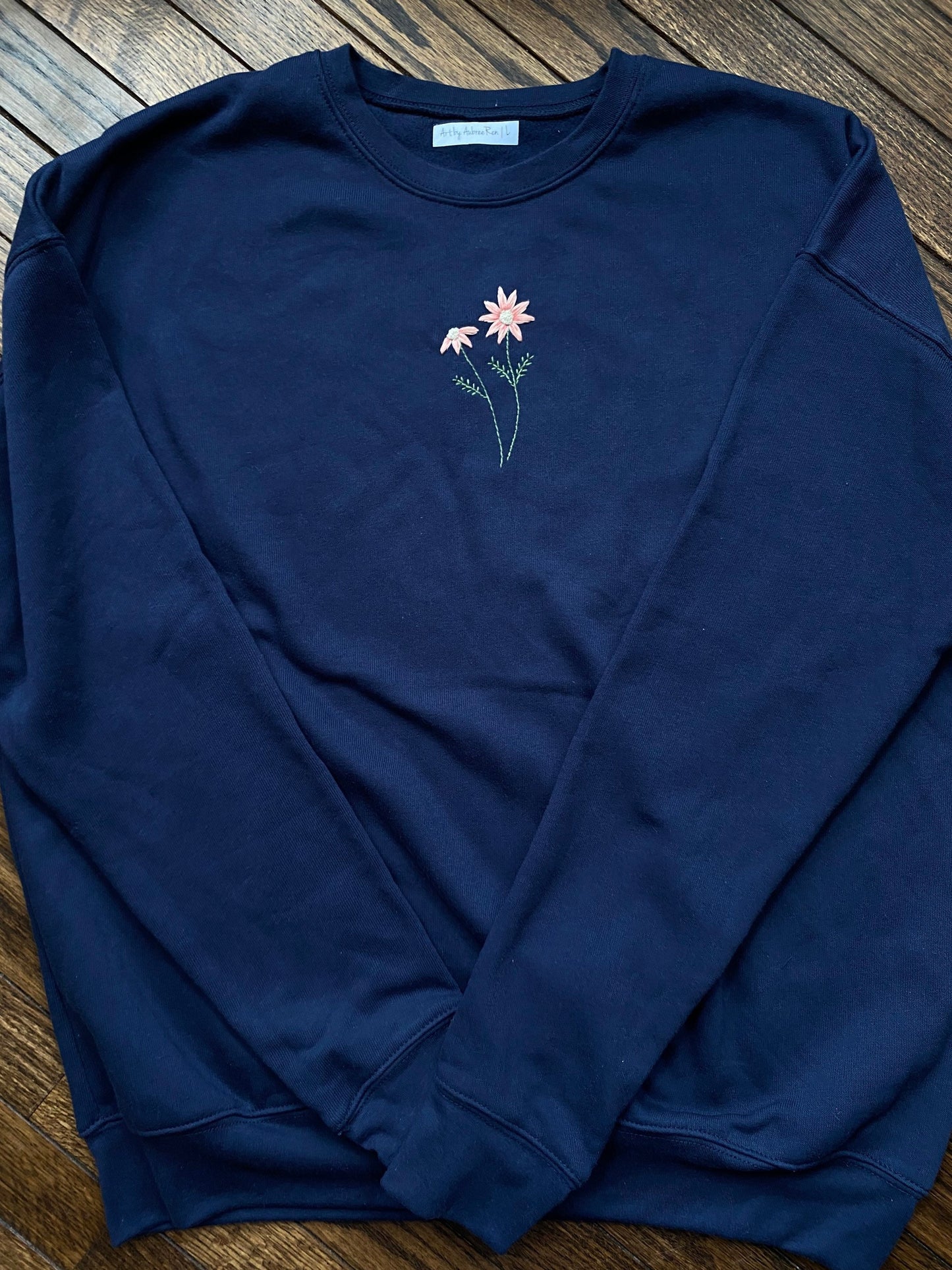 Floral Embroidered Sweatshirt | Hand Embroidered Sweatshirt | Pink Daisies | L | Navy