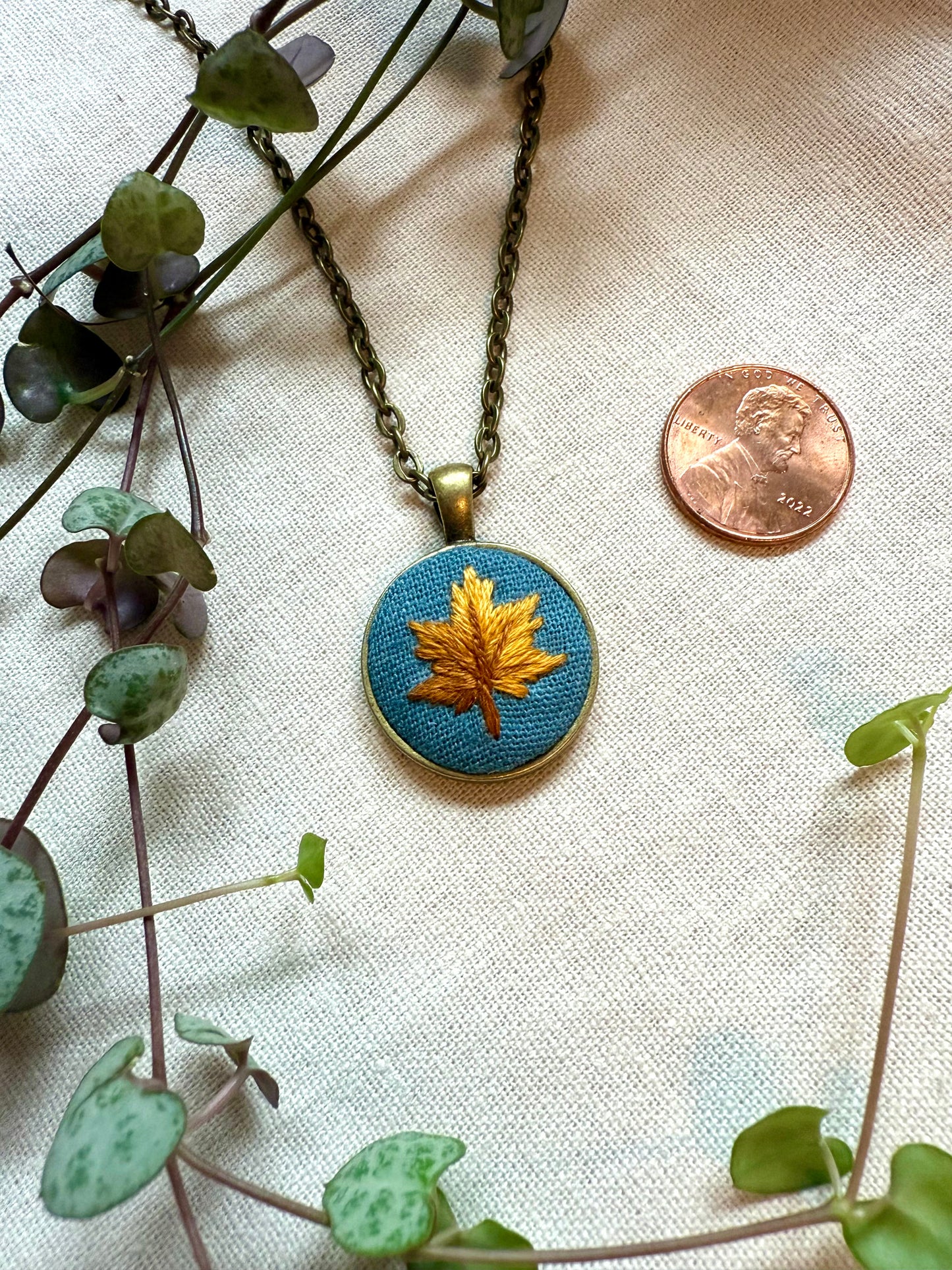 Leaf Embroidered Necklace | 18” necklace | Brass Necklace