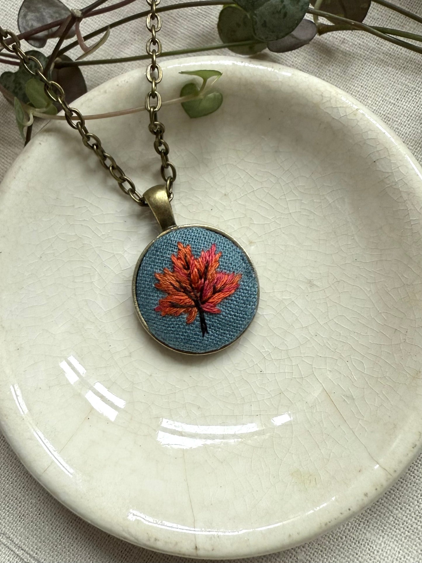 Leaf Embroidered Necklace | 18” necklace | Brass Necklace