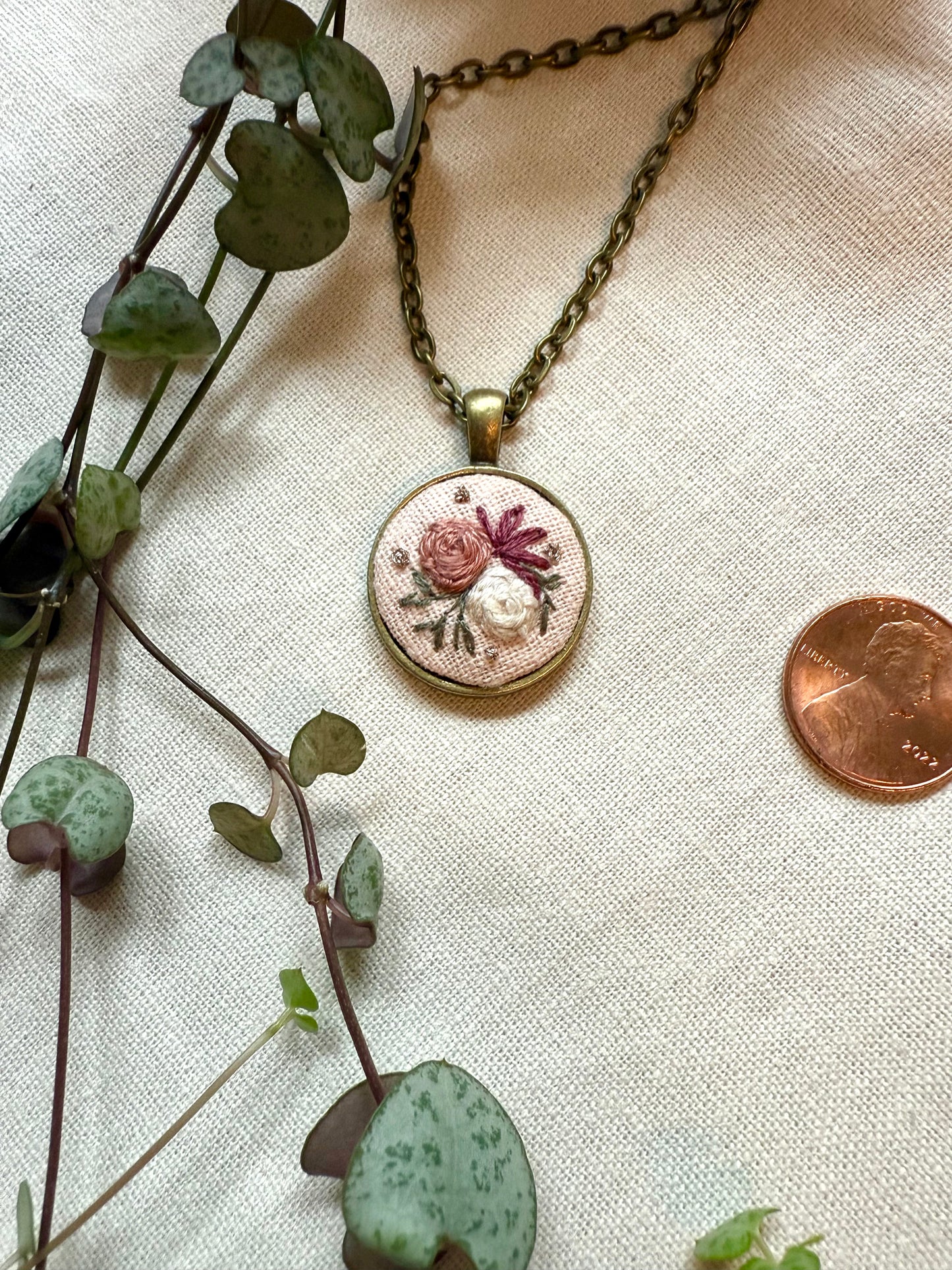 Floral Embroidered Necklace | 18” necklace | Brass Necklace