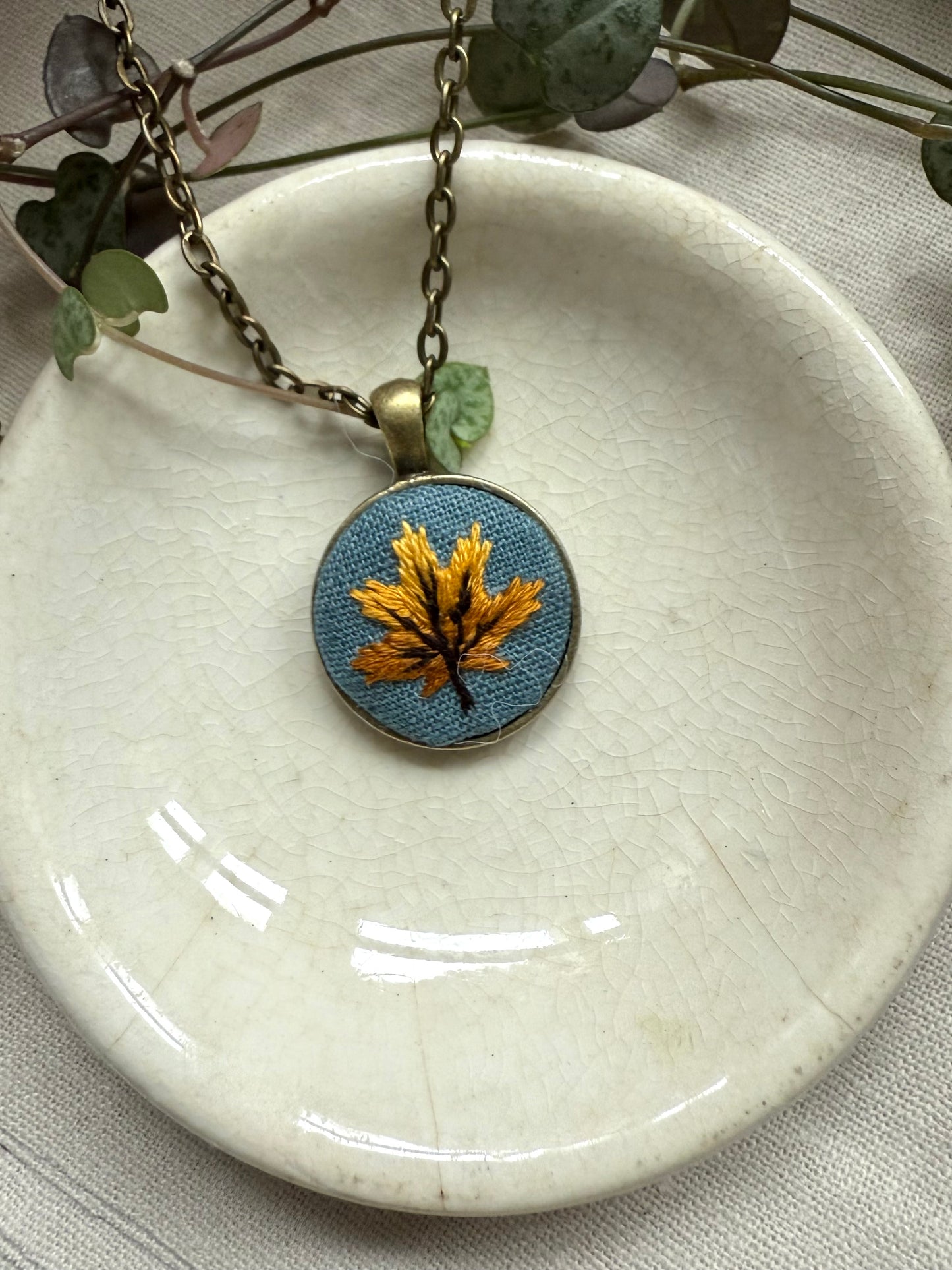 Leaf Embroidered Necklace | 18” necklace | Brass Necklace