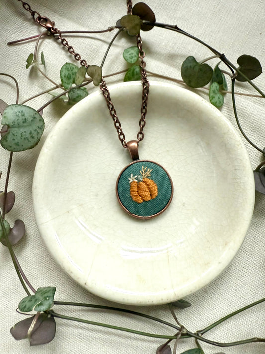 Pumpkin Embroidered Necklace | 18” necklace | Copper Necklace