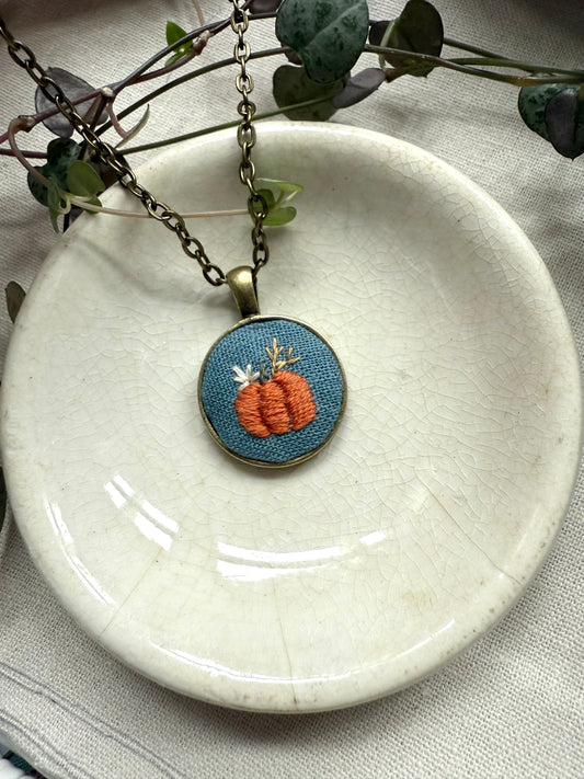 Pumpkin Embroidered Necklace | 18” necklace | Brass Necklace