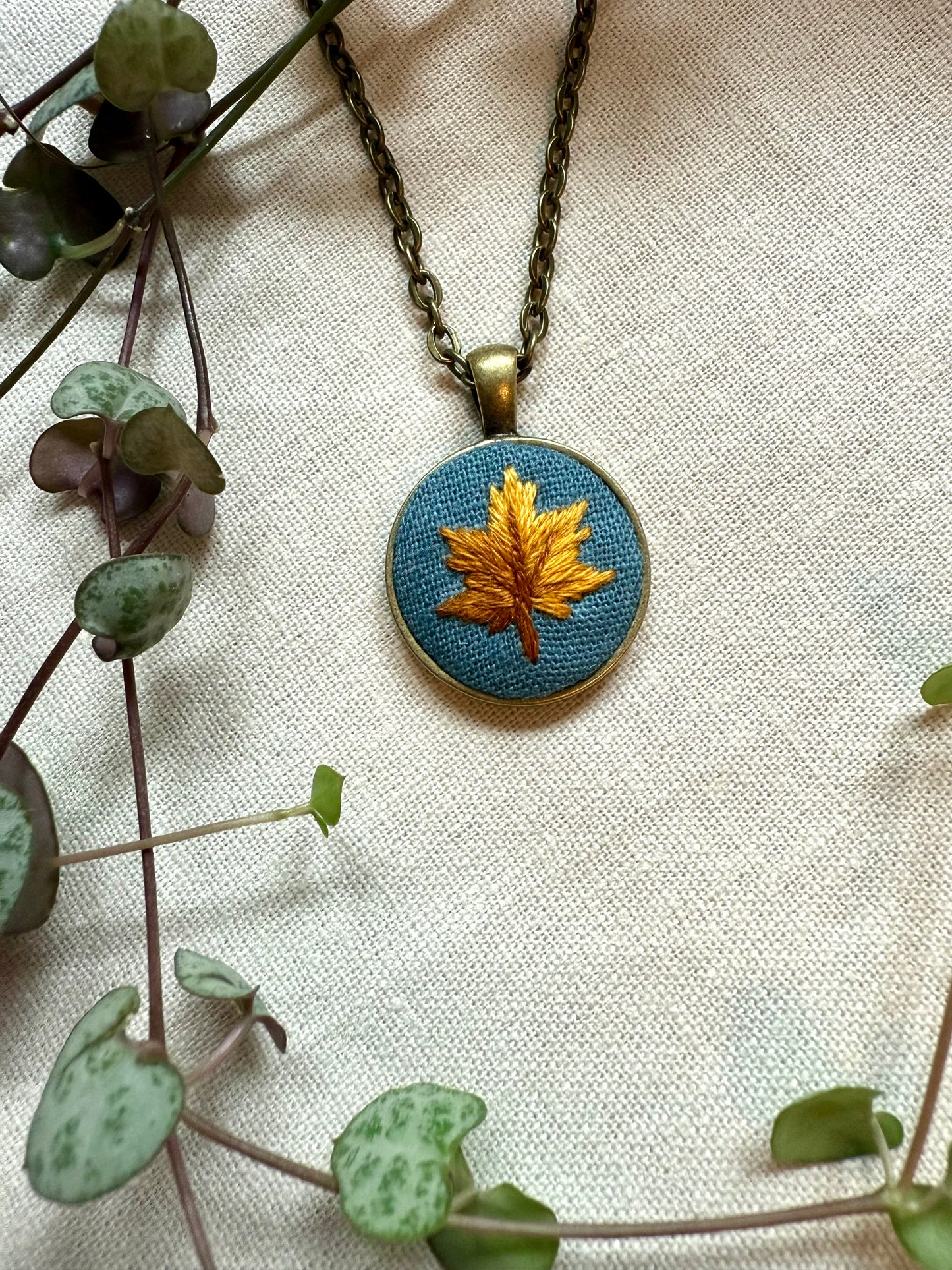 Leaf Embroidered Necklace | 18” necklace | Brass Necklace