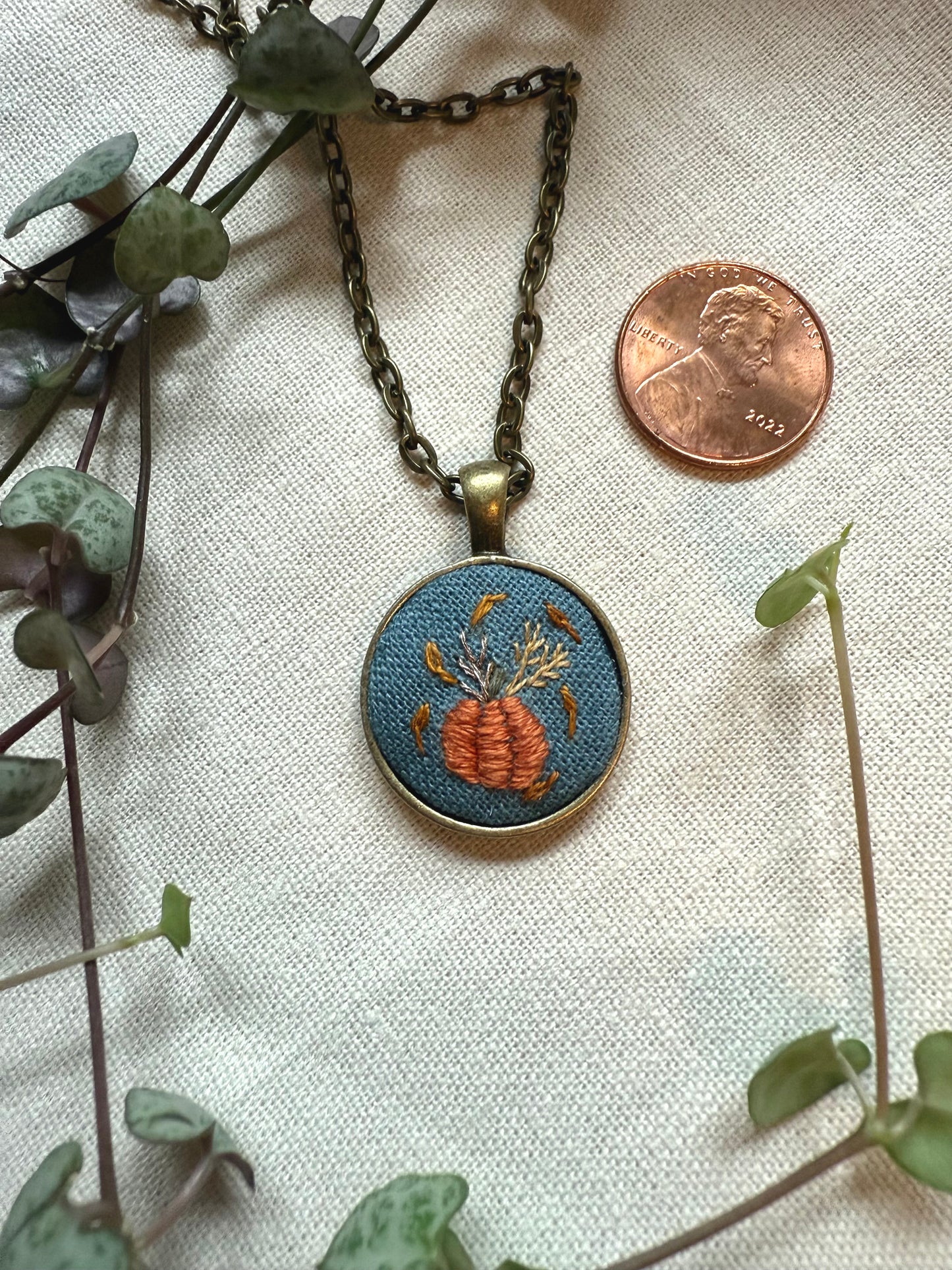 Pumpkin Embroidered Necklace | 18” necklace | Brass Necklace
