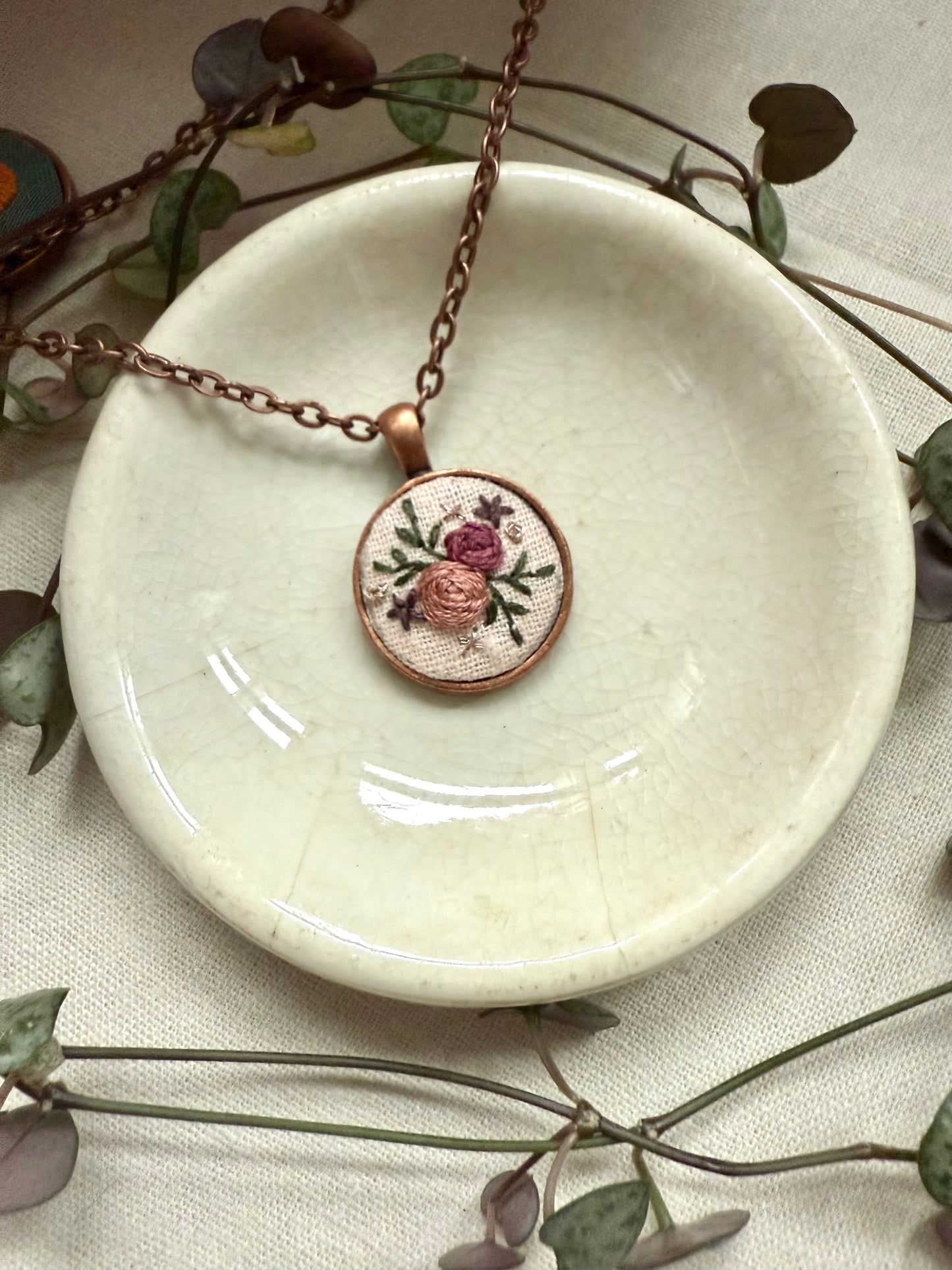 Floral Embroidered Necklace | 18” necklace | Copper Necklace