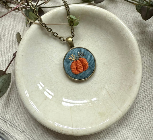 Pumpkin Embroidered Necklace | 18” necklace | Brass Necklace
