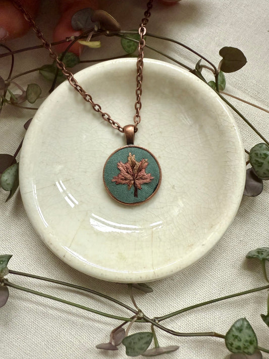 Leaf Embroidered Necklace | 18” necklace | Copper Necklace