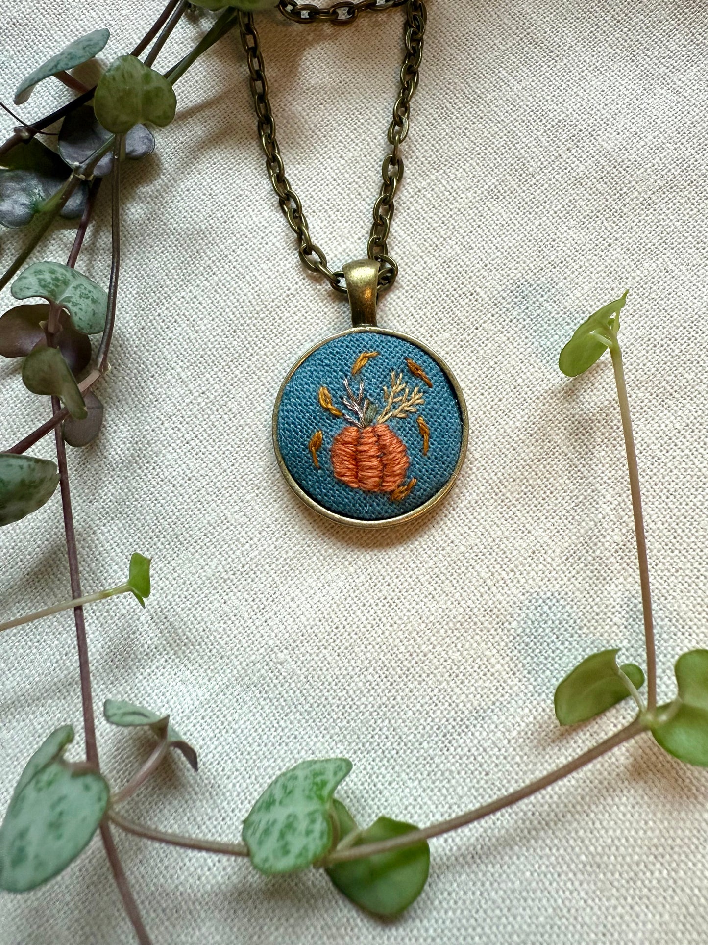 Pumpkin Embroidered Necklace | 18” necklace | Brass Necklace