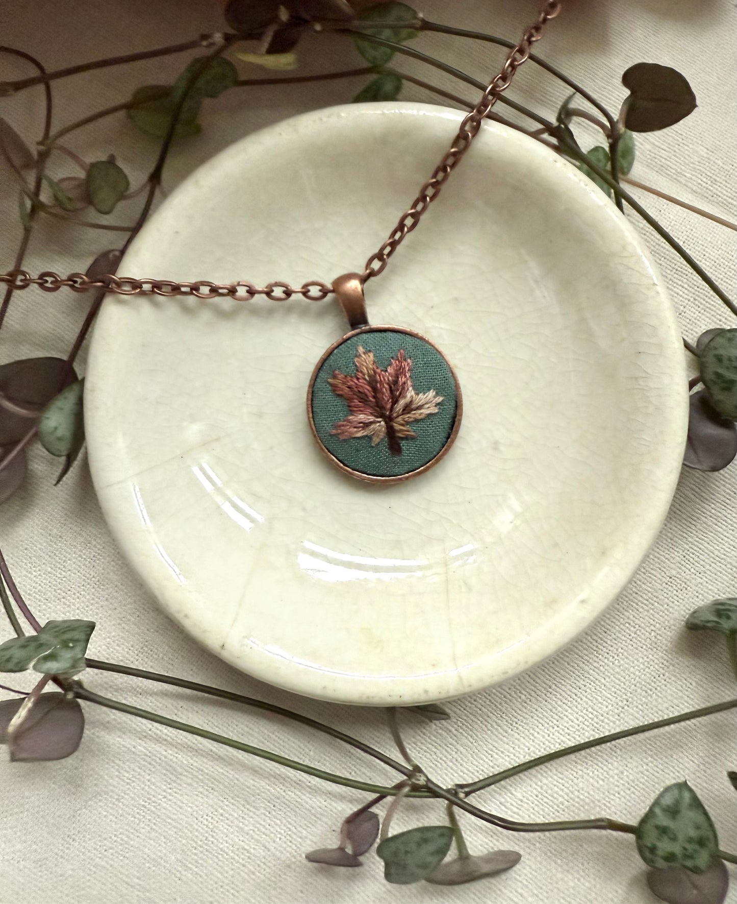 Leaf Embroidered Necklace | 18” necklace | Copper Necklace