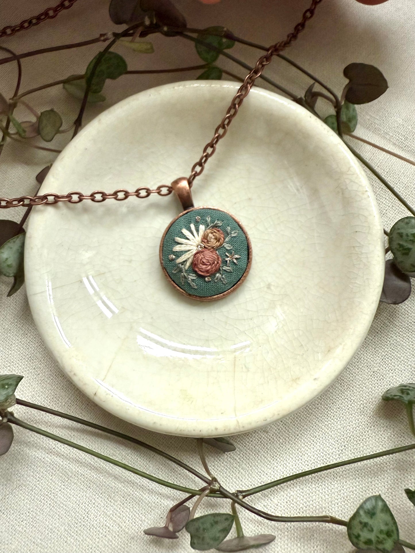 Floral Embroidered Necklace | 18” necklace | Copper Necklace