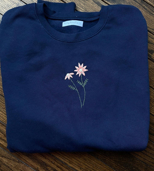 Floral Embroidered Sweatshirt | Hand Embroidered Sweatshirt | Pink Daisies | L | Navy