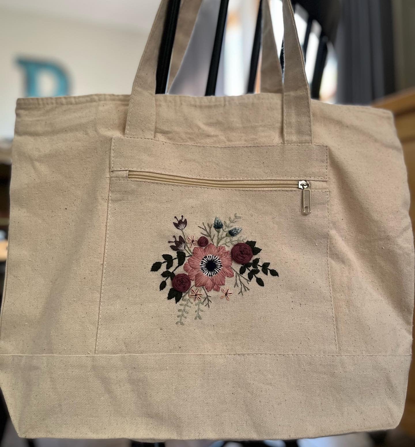 Embroidered Tote | Embroidered Bag | Canvas Zippered Tote