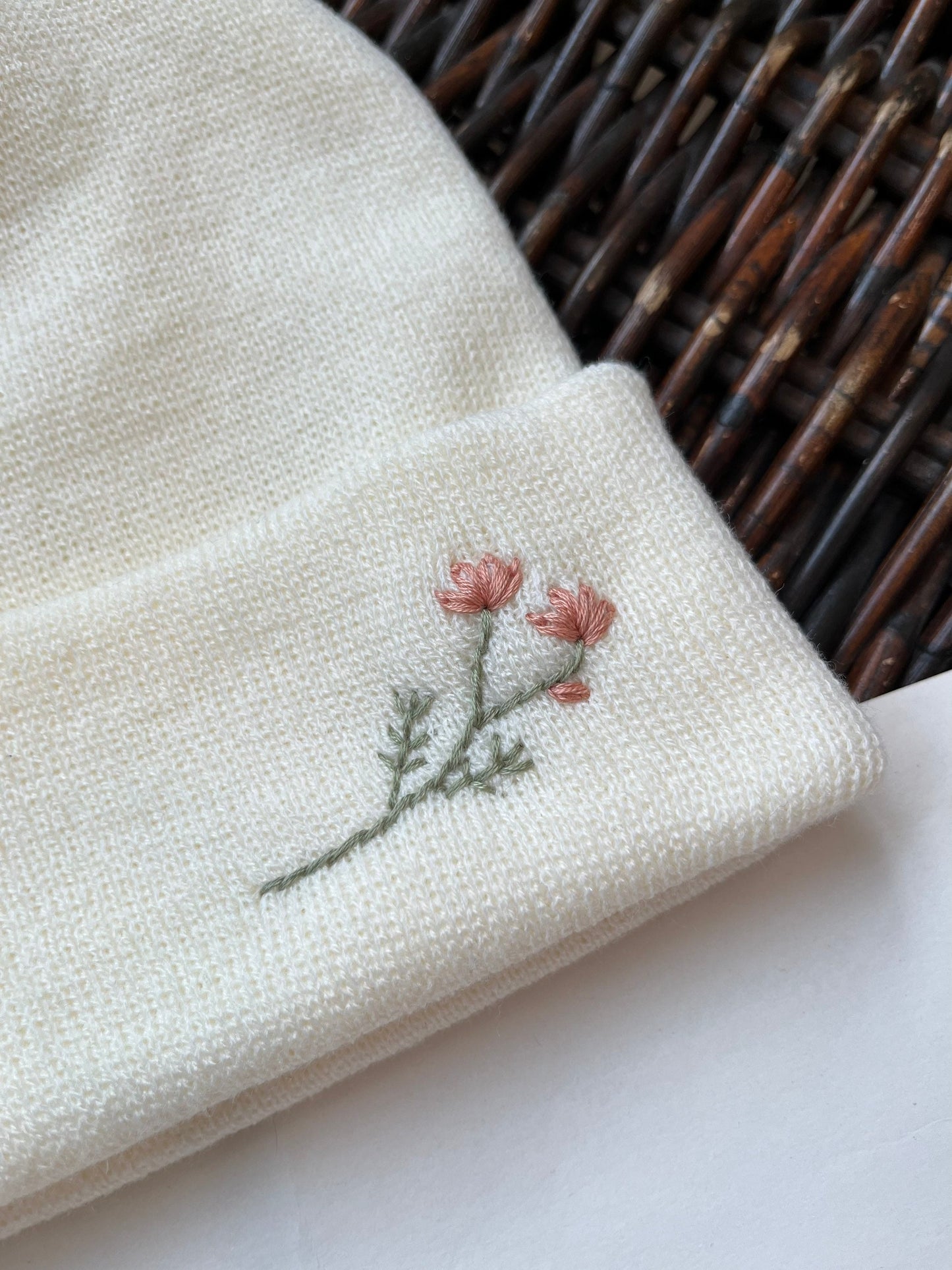 Hand Embroidered Beanie | Ivory Winter Hat | Floral Beanie | Cream Hat