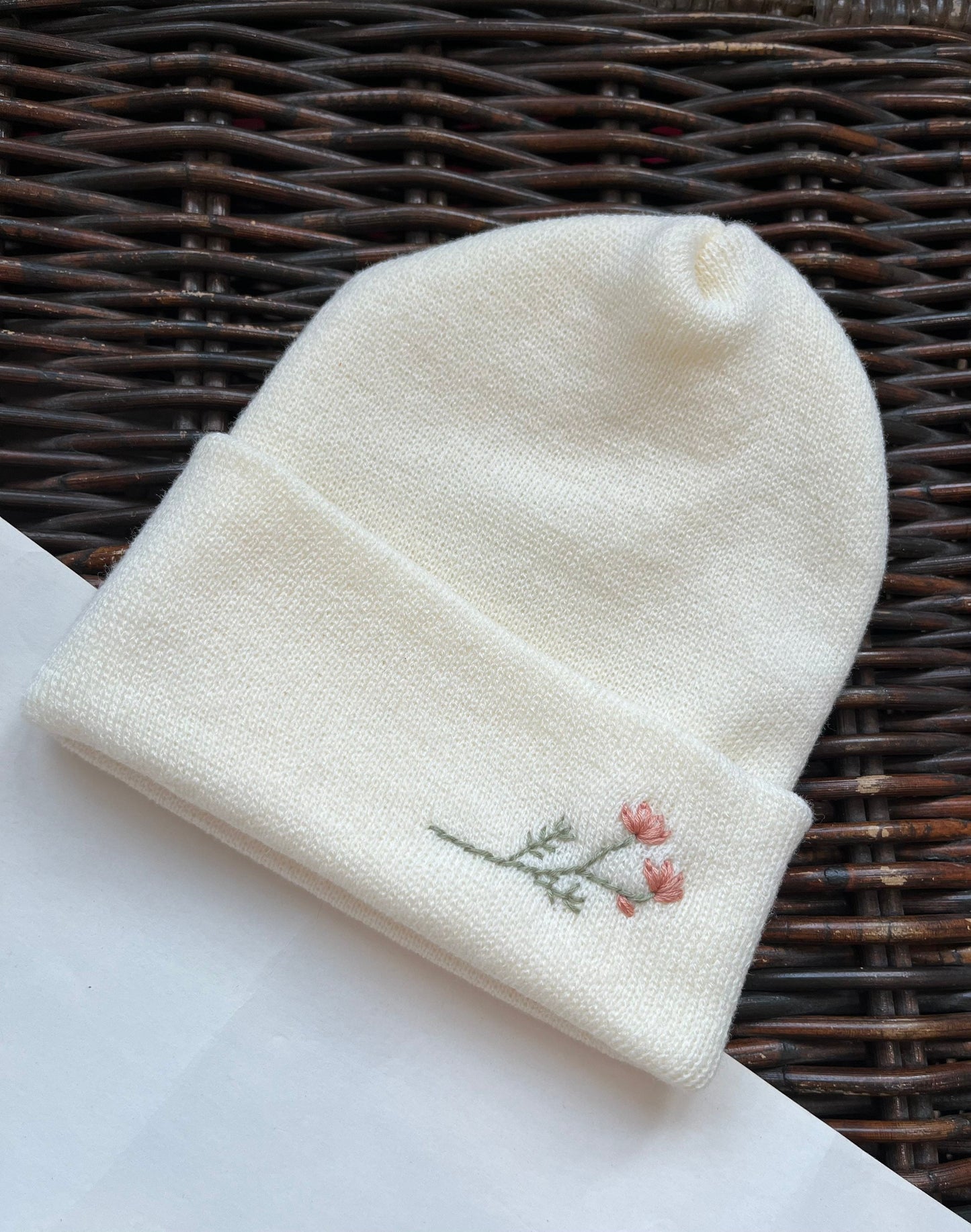 Hand Embroidered Beanie | Ivory Winter Hat | Floral Beanie | Cream Hat