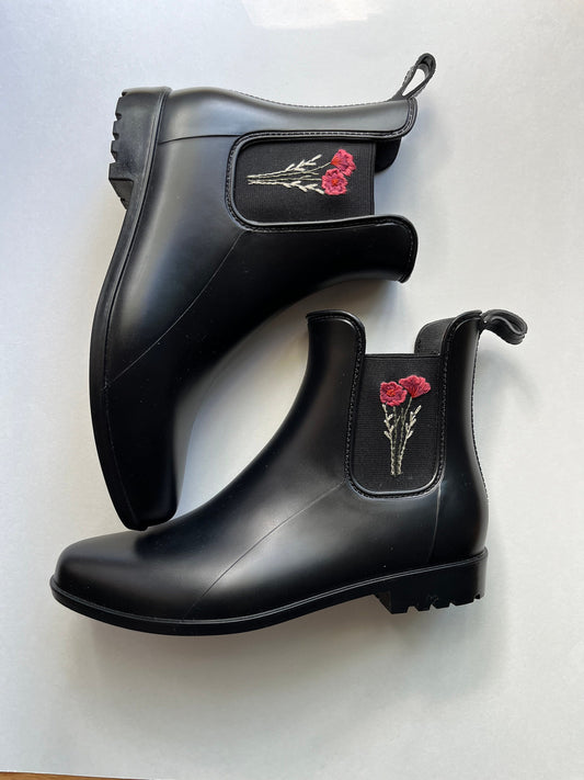 Black Hand Embroidered Rain Boots | Women’s 10 | Floral Boots