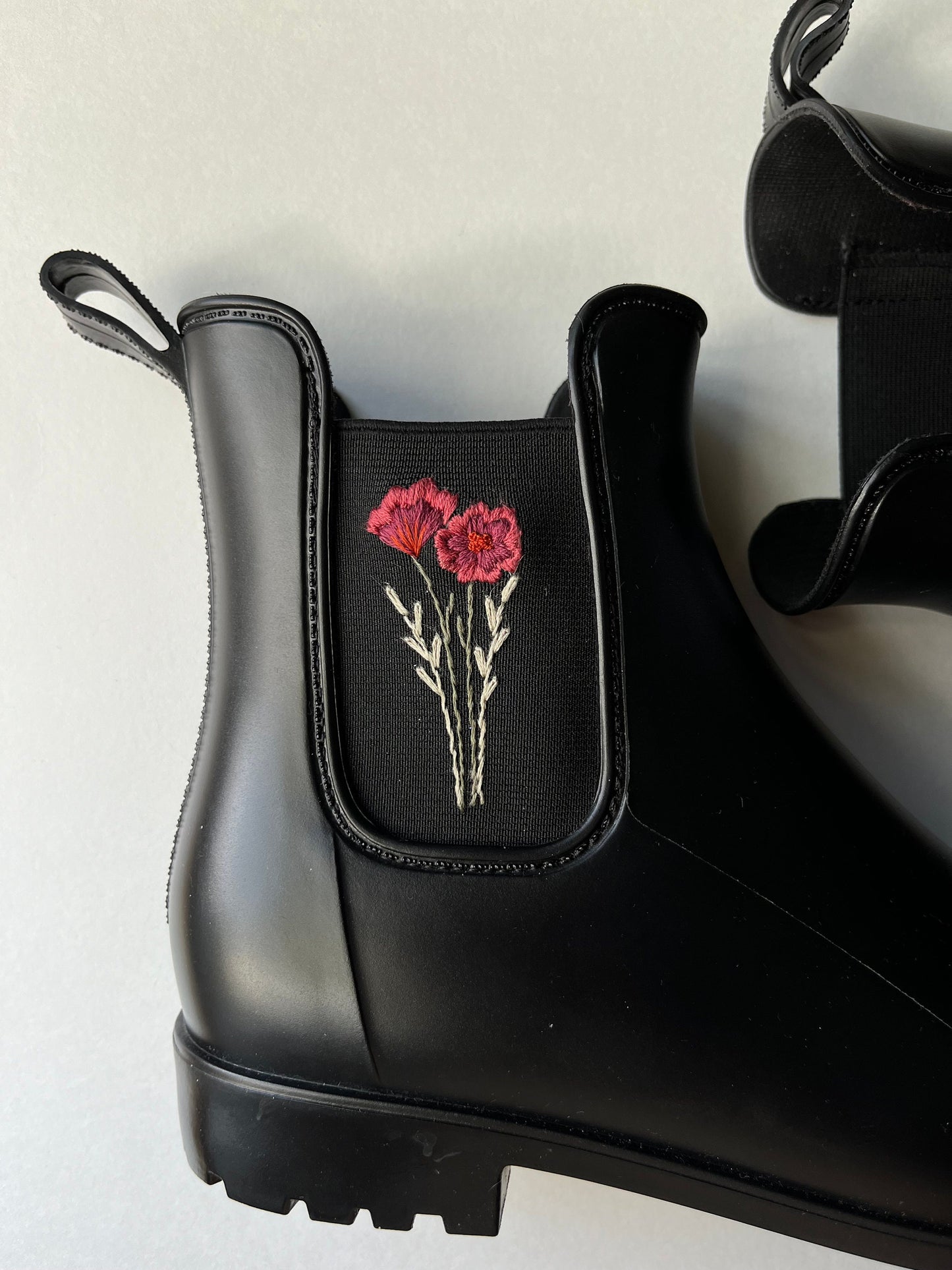 Black Hand Embroidered Rain Boots | Women’s 10 | Floral Boots