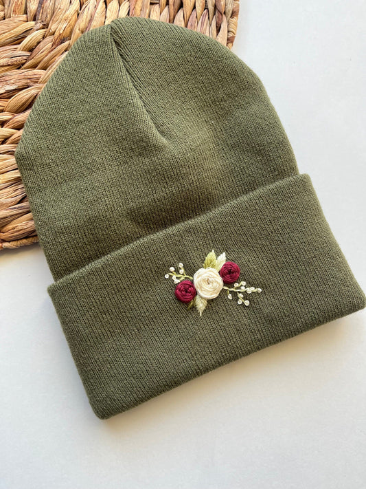 Embroidered Beanie | Olive Winter Hat | Floral Beanie