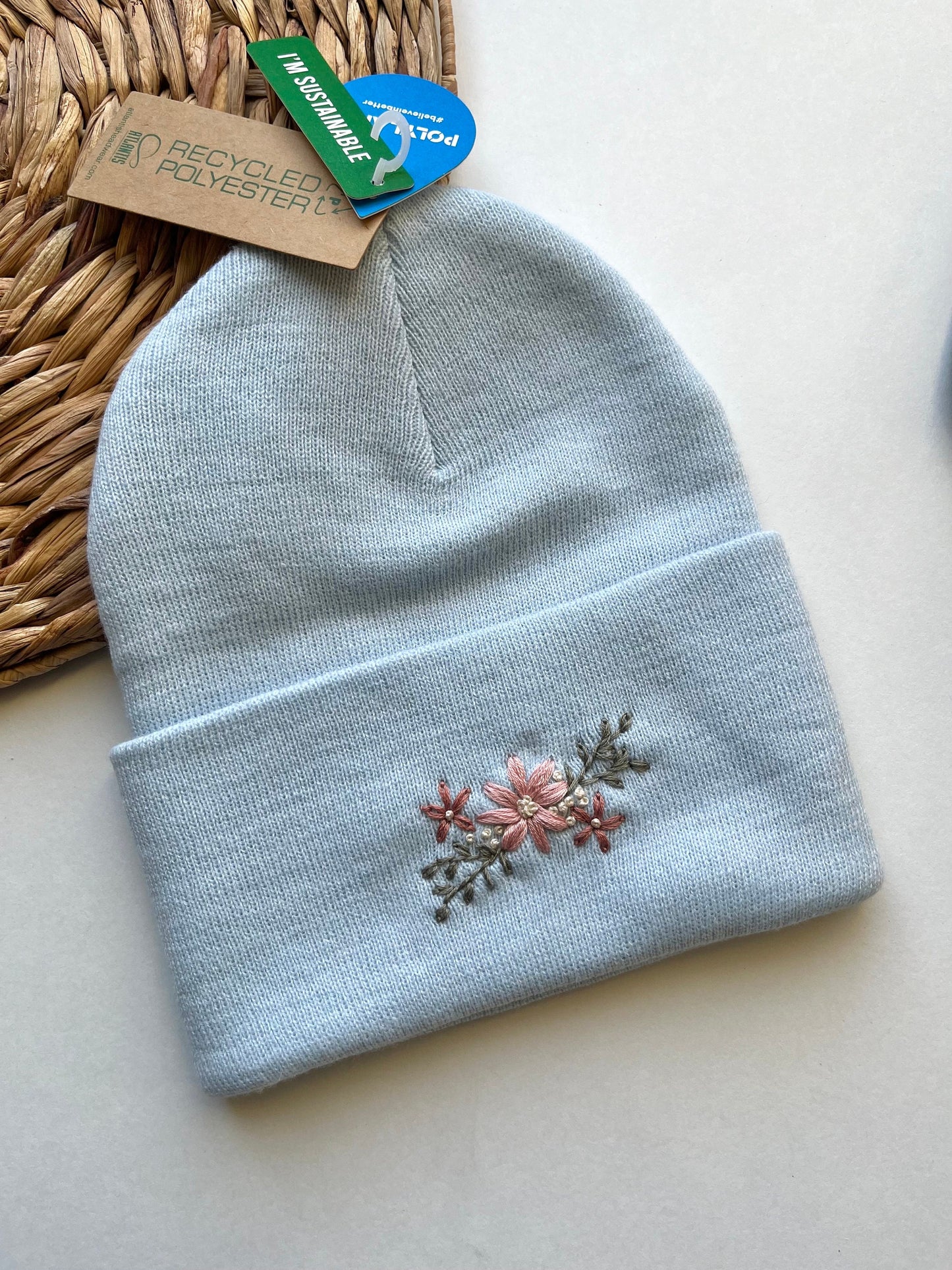 Embroidered Beanie | Blue Winter Hat | Floral Beanie