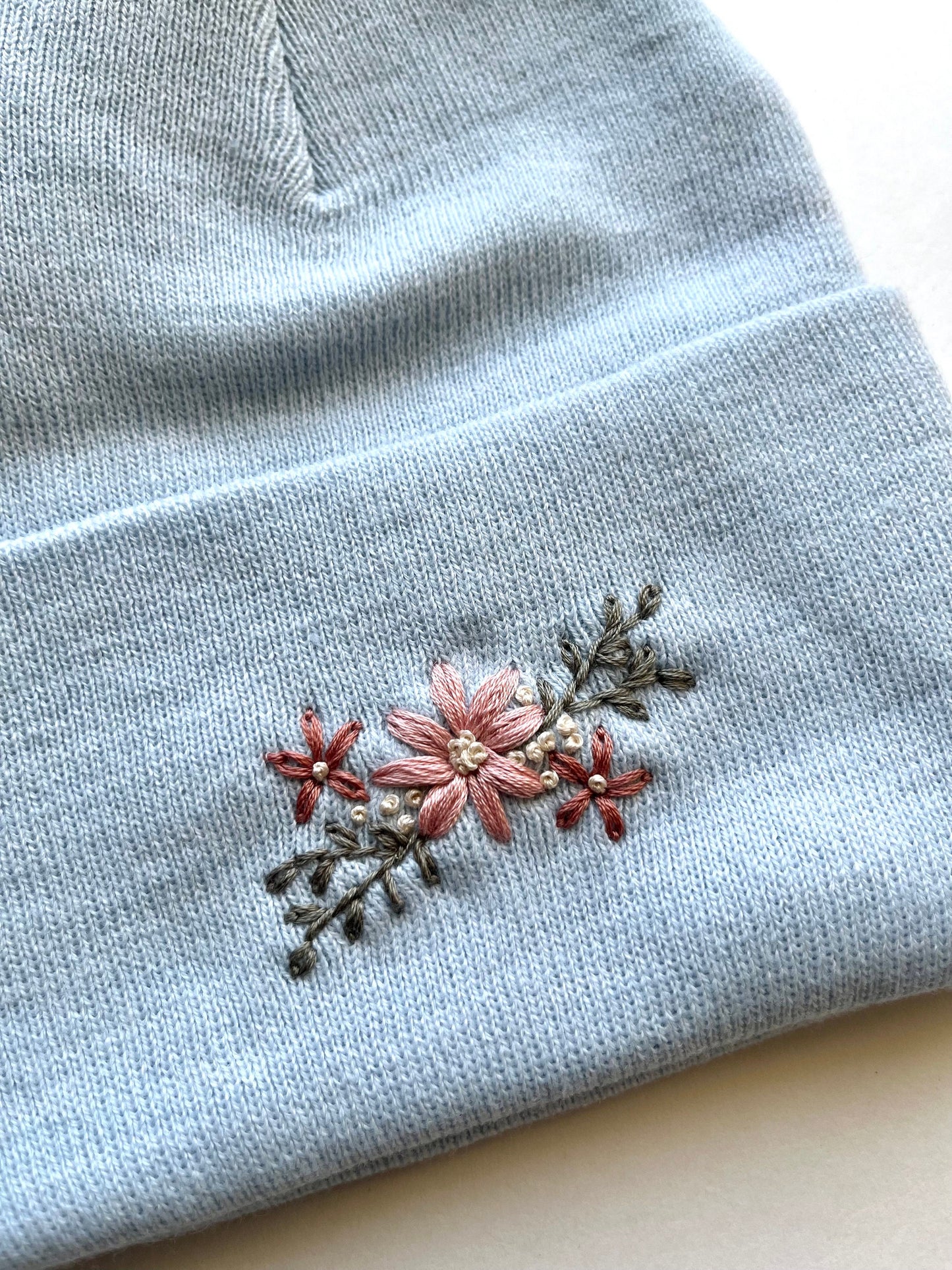 Embroidered Beanie | Blue Winter Hat | Floral Beanie