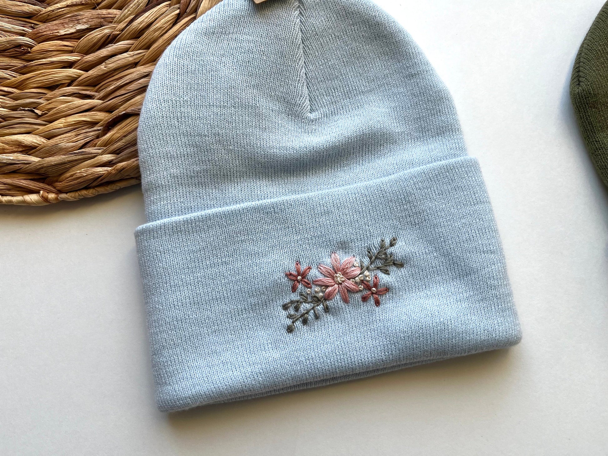 Embroidered Beanie Blue Winter Hat Floral Beanie